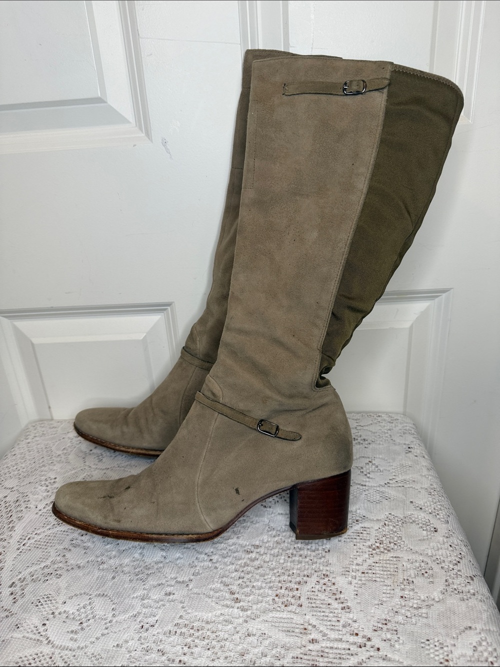 Timberland Knee-High Taupe leather gray tanish Block Heel Boots sz 8.5 - Picture 2 of 7